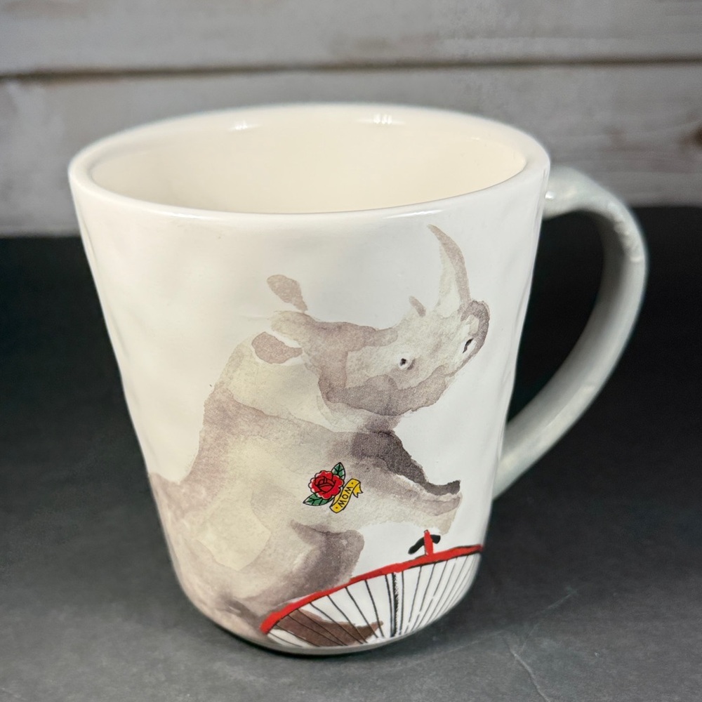 Pier 1 Coffee Mug Rhino Riding A Bike Street Cred Hand painted Collectible EUC